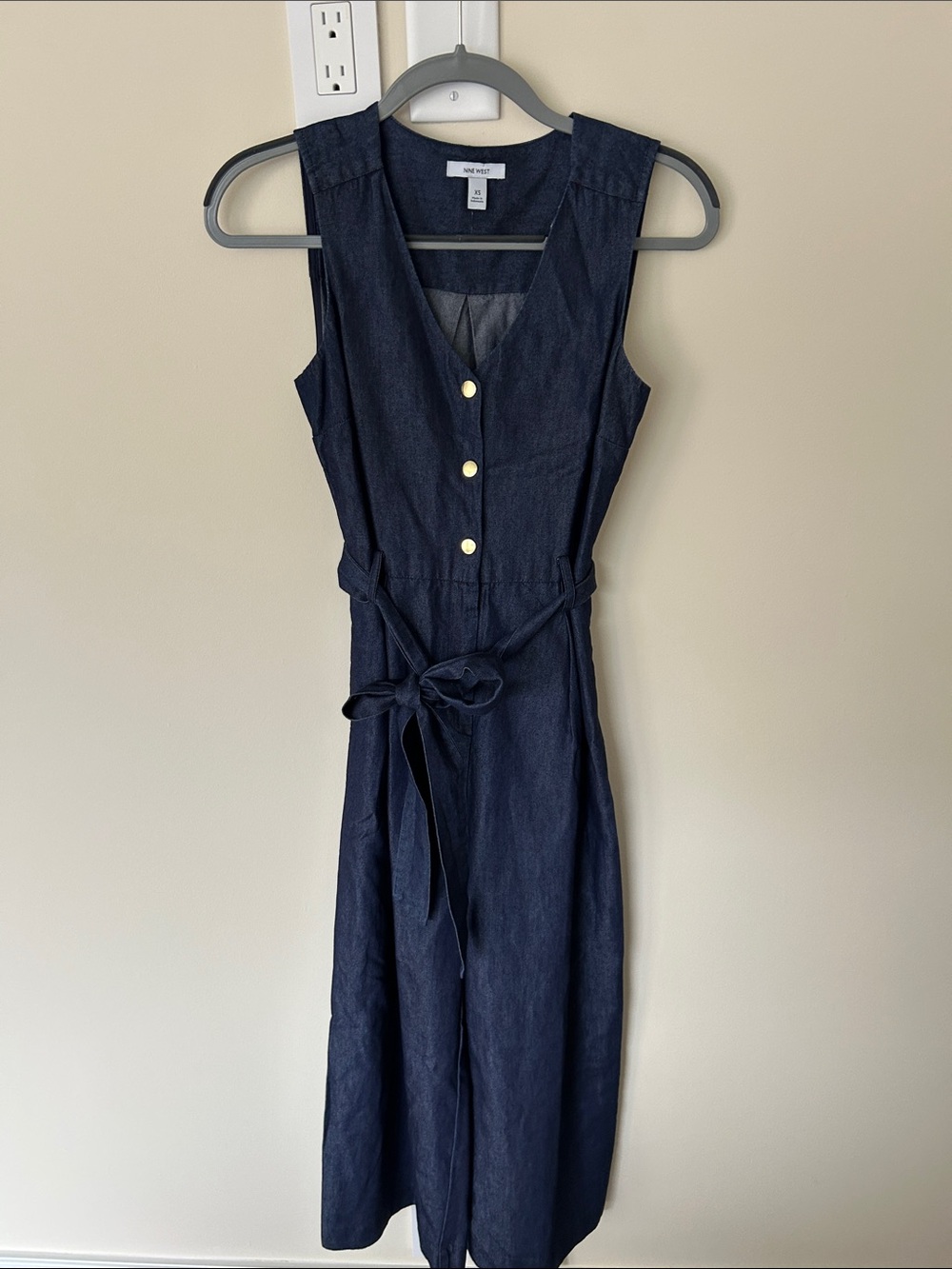 Nine West Navy Sleeveless Button-Front Jumpsuit with Waist Tie